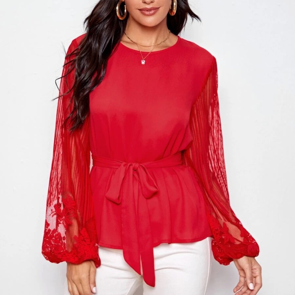 Boho Floral Sheer Sleeve Belted Blouse - Picture 2 of 9